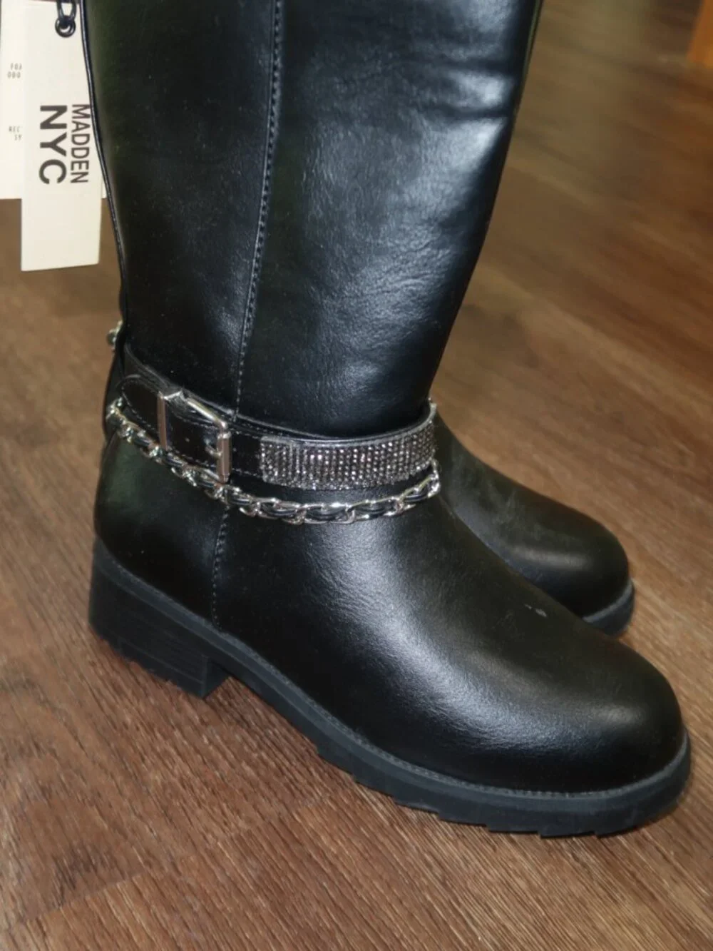 NWT Girls Madden NYC Black Silver Chain Detail Tall Faux Leather Boots 1 Youth